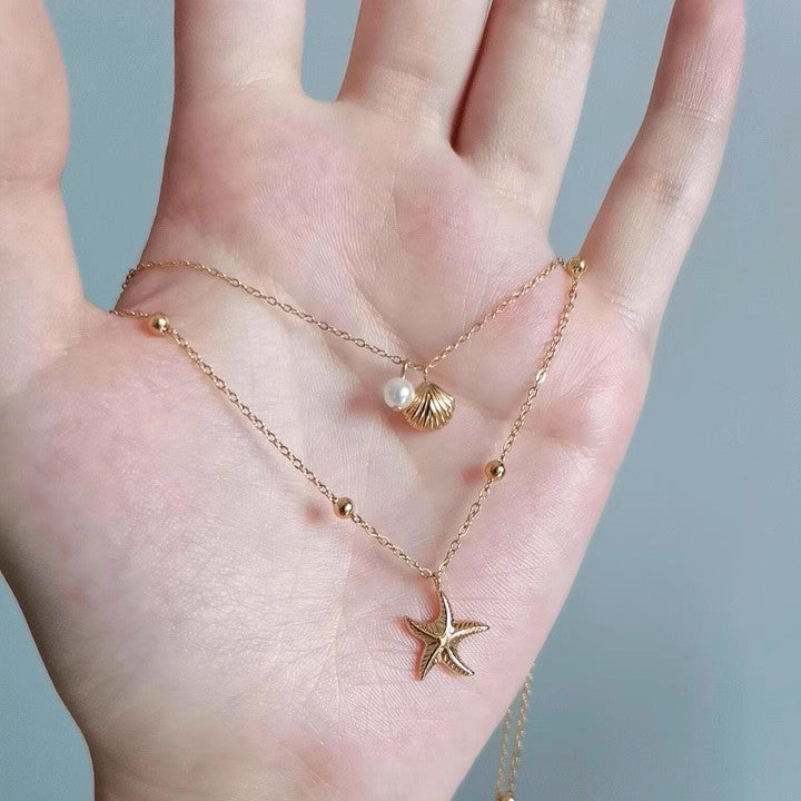 Women's Layered Starfish and Pearl Necklace