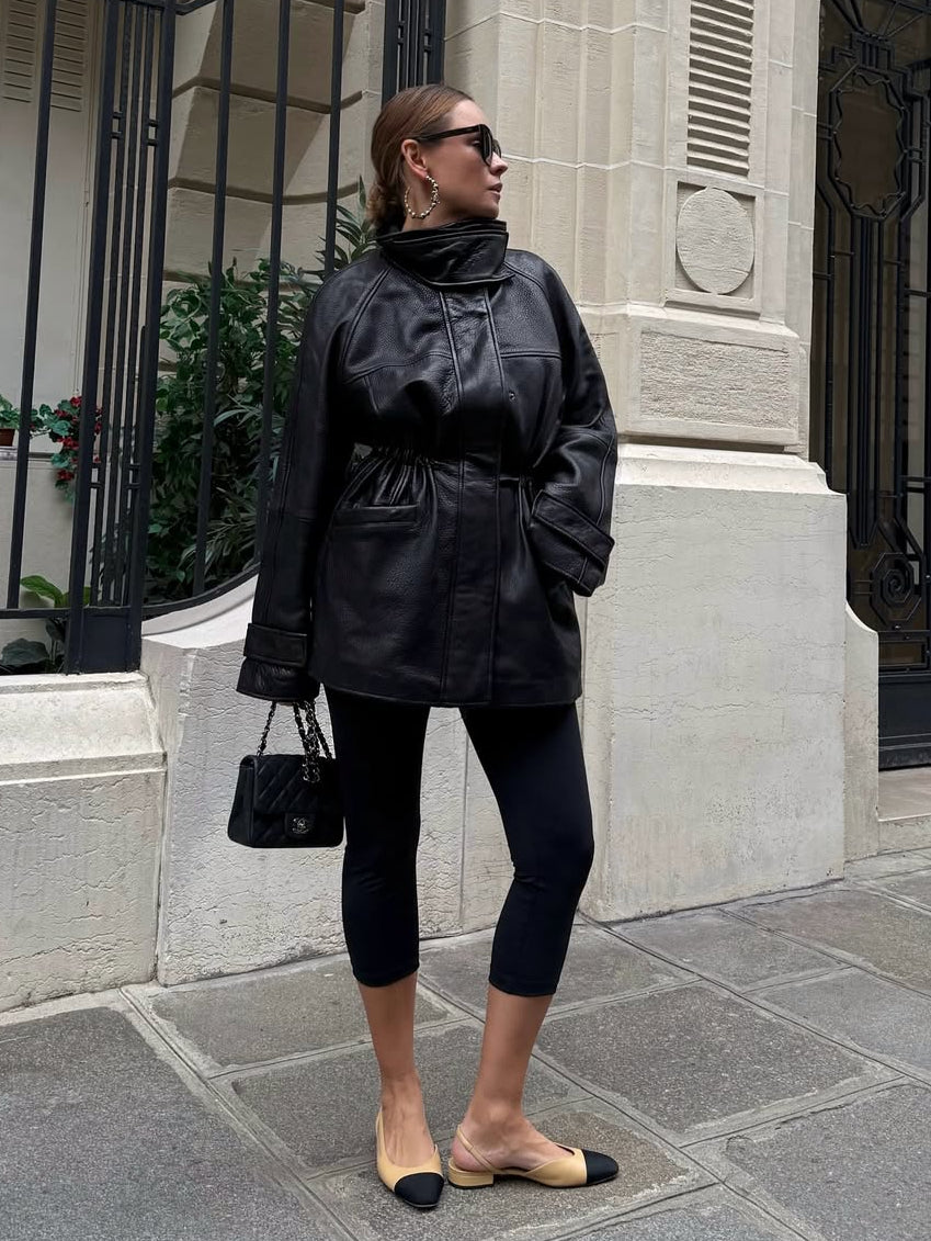 Women's Faux Leather Drawstring Waist Jacket in Black