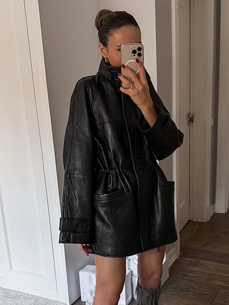 Women's Faux Leather Drawstring Waist Jacket in Black