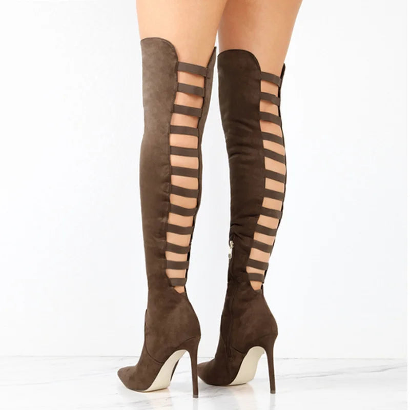 Women's Cutout Stiletto Faux Suede Over-the-Knee Boots