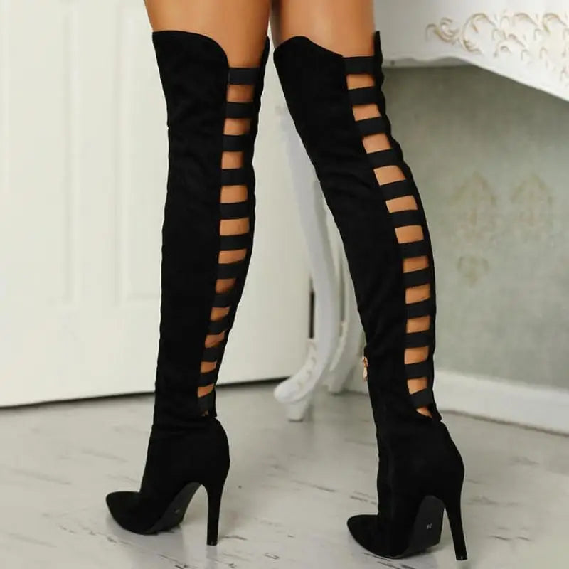 Women's Cutout Stiletto Faux Suede Over-the-Knee Boots