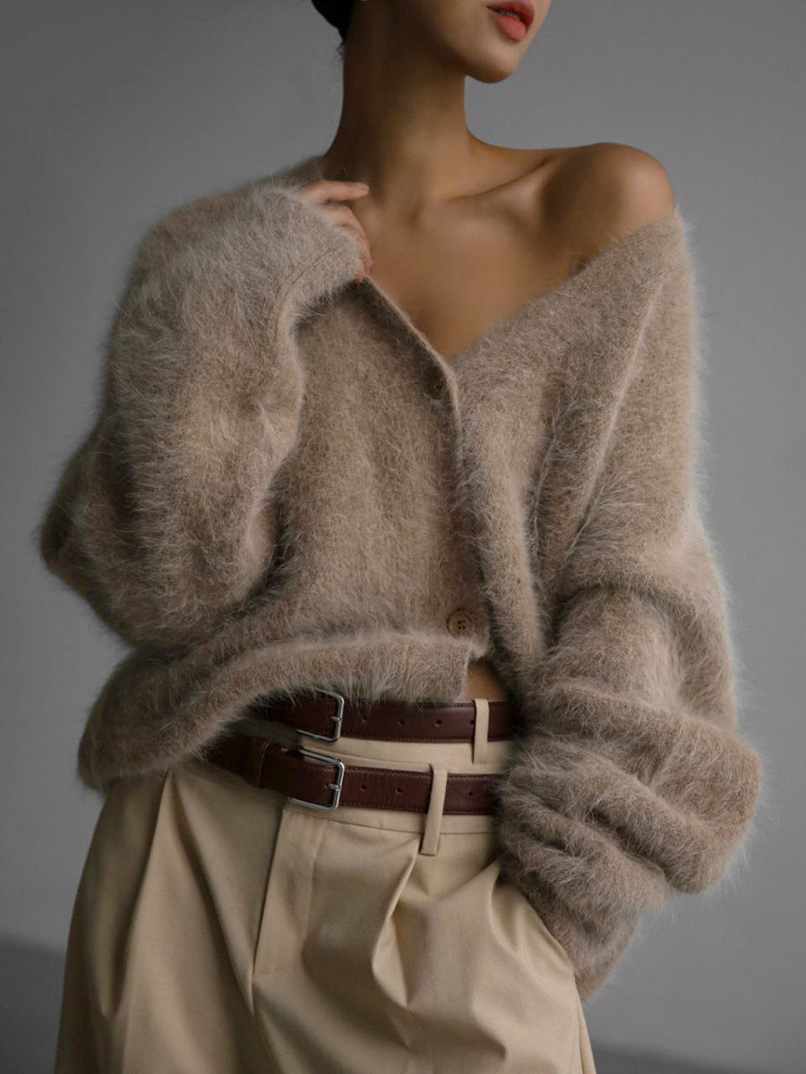 Women's Fluffy Knit V-Neck Cardigan
