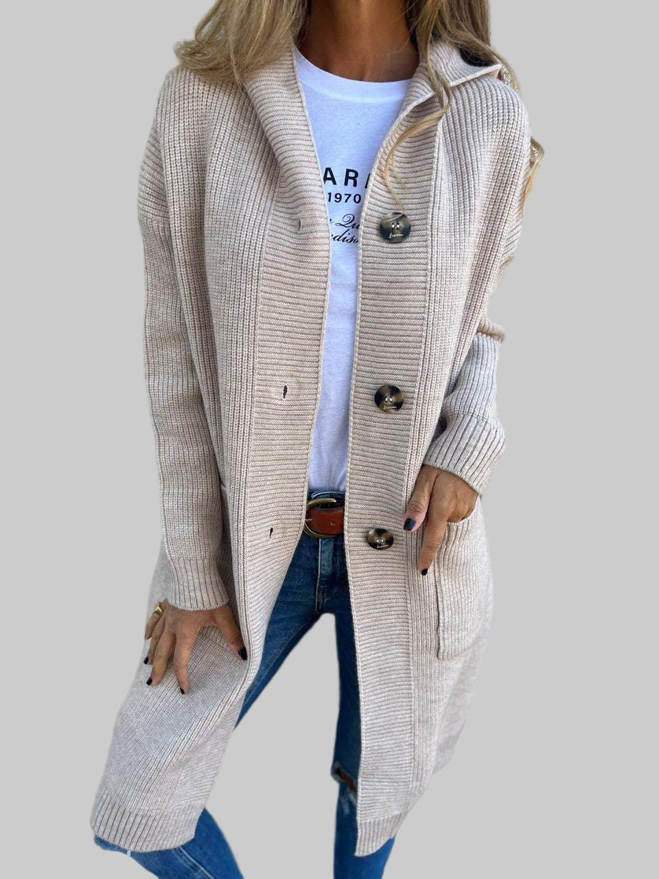 Women's Long Ribbed Knit Cardigan with Front Pockets