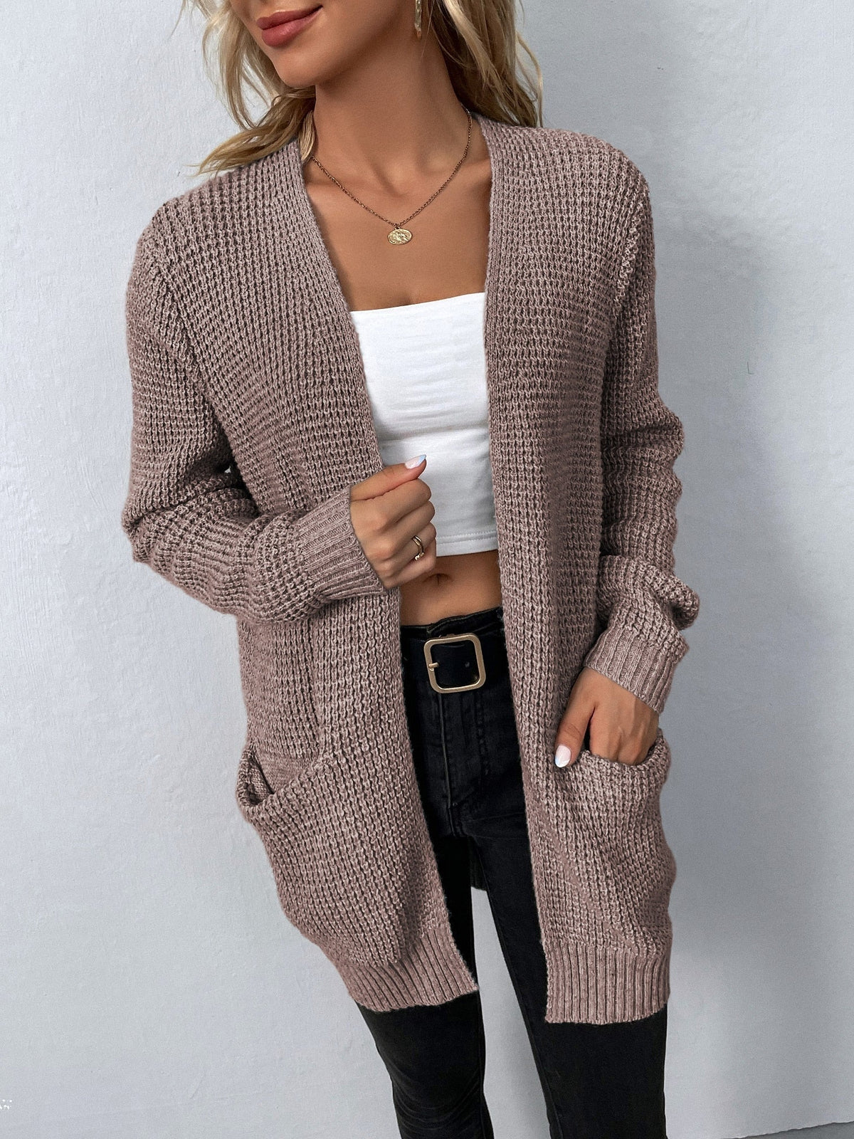 Women's Waffle Knit Open-Front Cardigan with Pockets