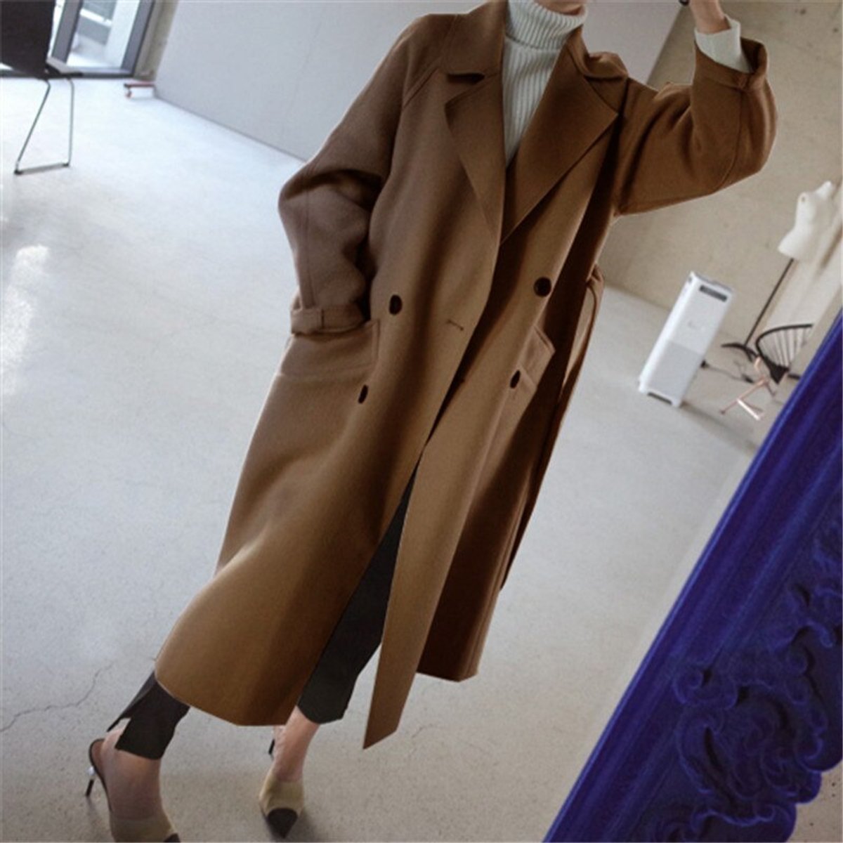 Women's Longline Double-Breasted Belted Wool-Look Coat