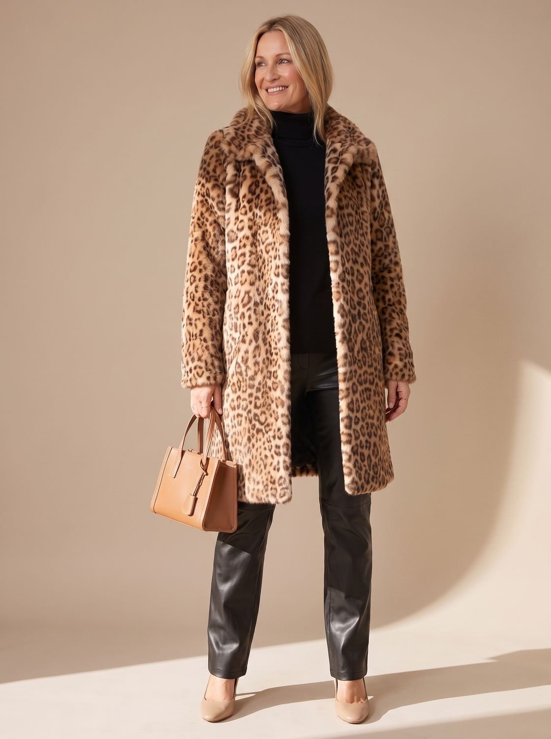 Women's Leopard Print Faux Fur Mid-Length Winter Coat