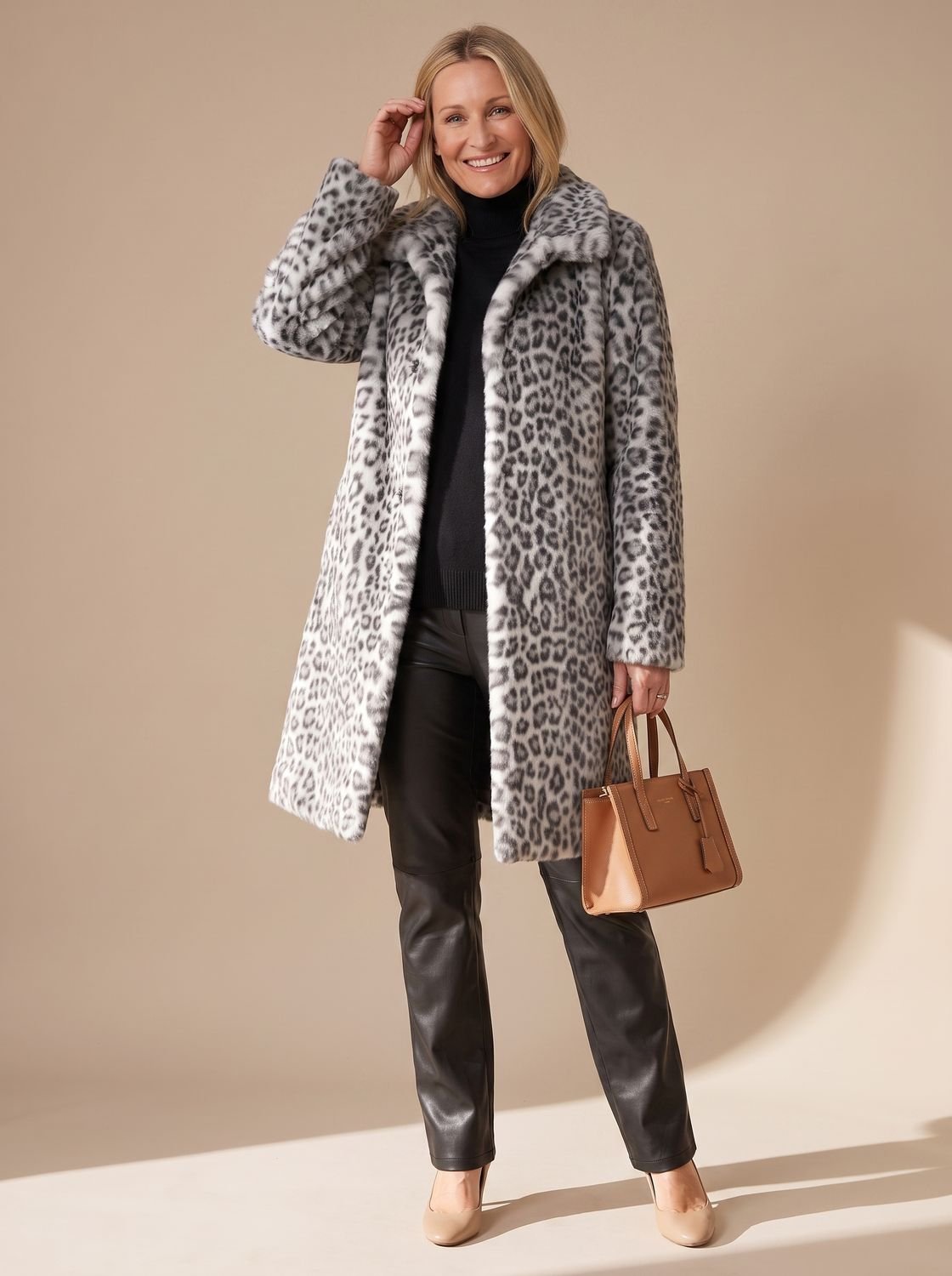 Women's Leopard Print Faux Fur Mid-Length Winter Coat