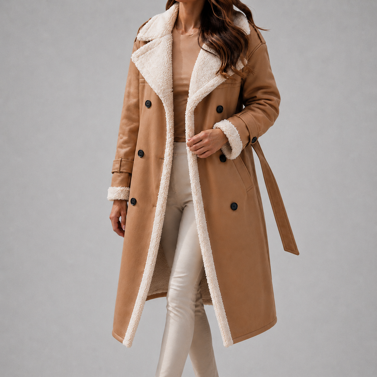 Women's Belted Faux Shearling Coat with Contrast Collar and Cuffs