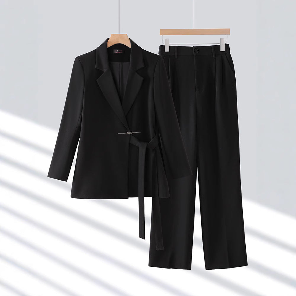 Women's Belted Blazer & Wide-Leg Trouser Suit Set