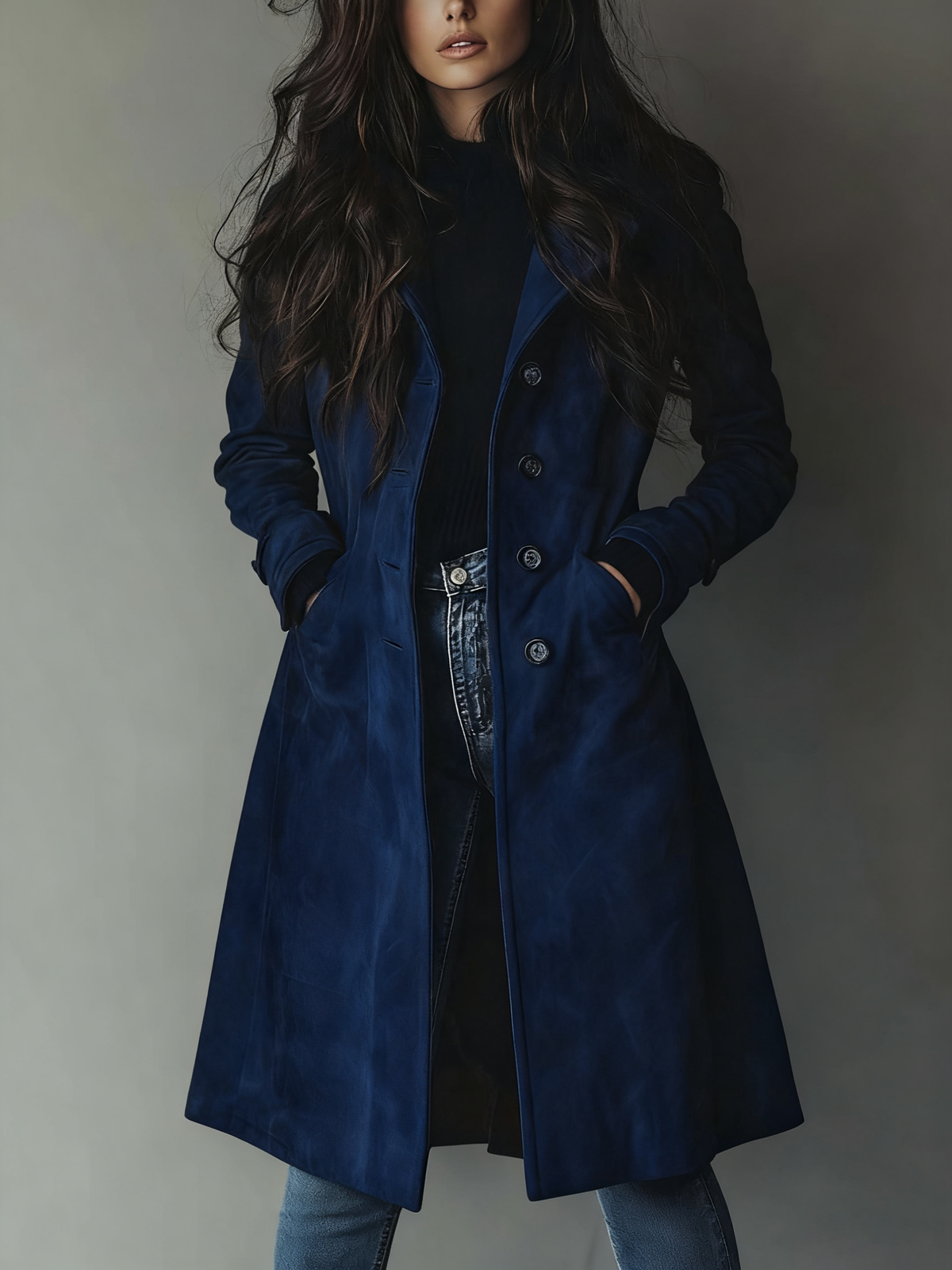 Women's Longline Notch Lapel Faux Suede Trench Coat