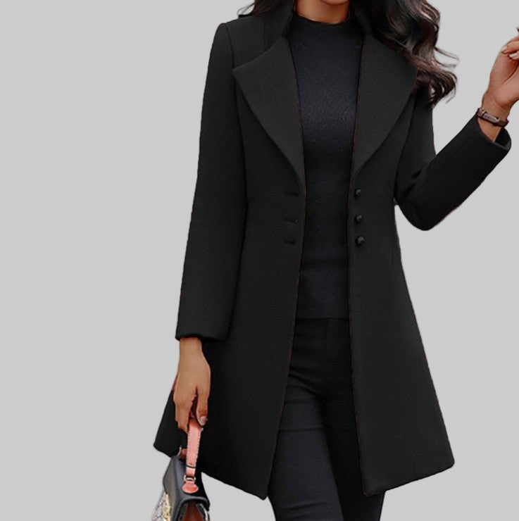 Women's Black Notched Lapel Wool-Look Longline Winter Coat