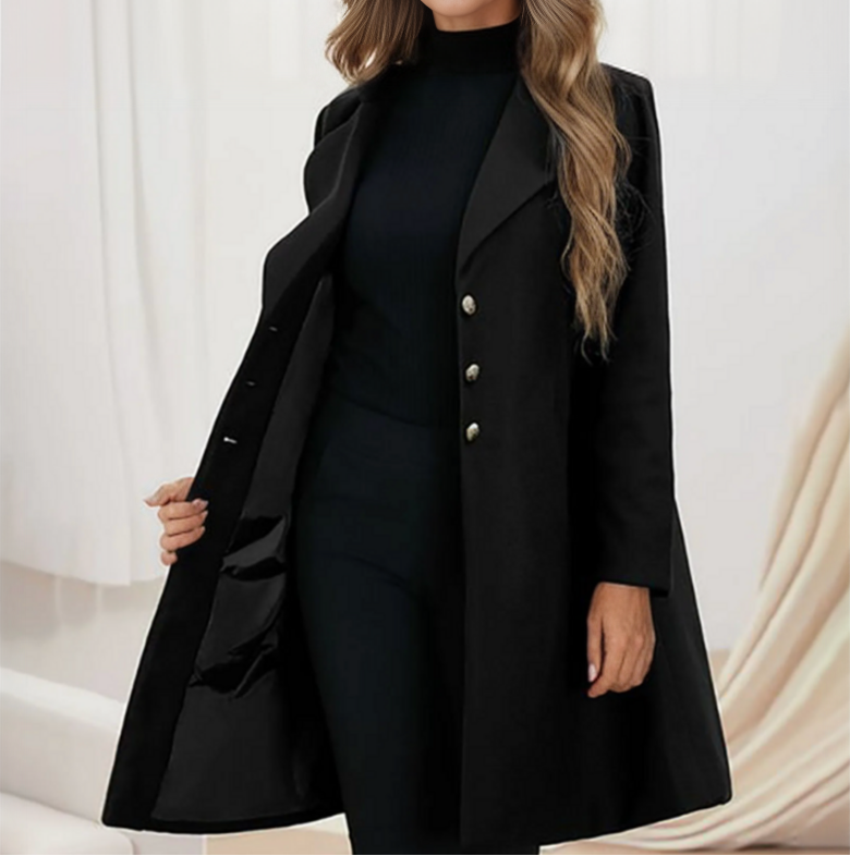 Women's Black Notched Lapel Wool-Look Longline Winter Coat