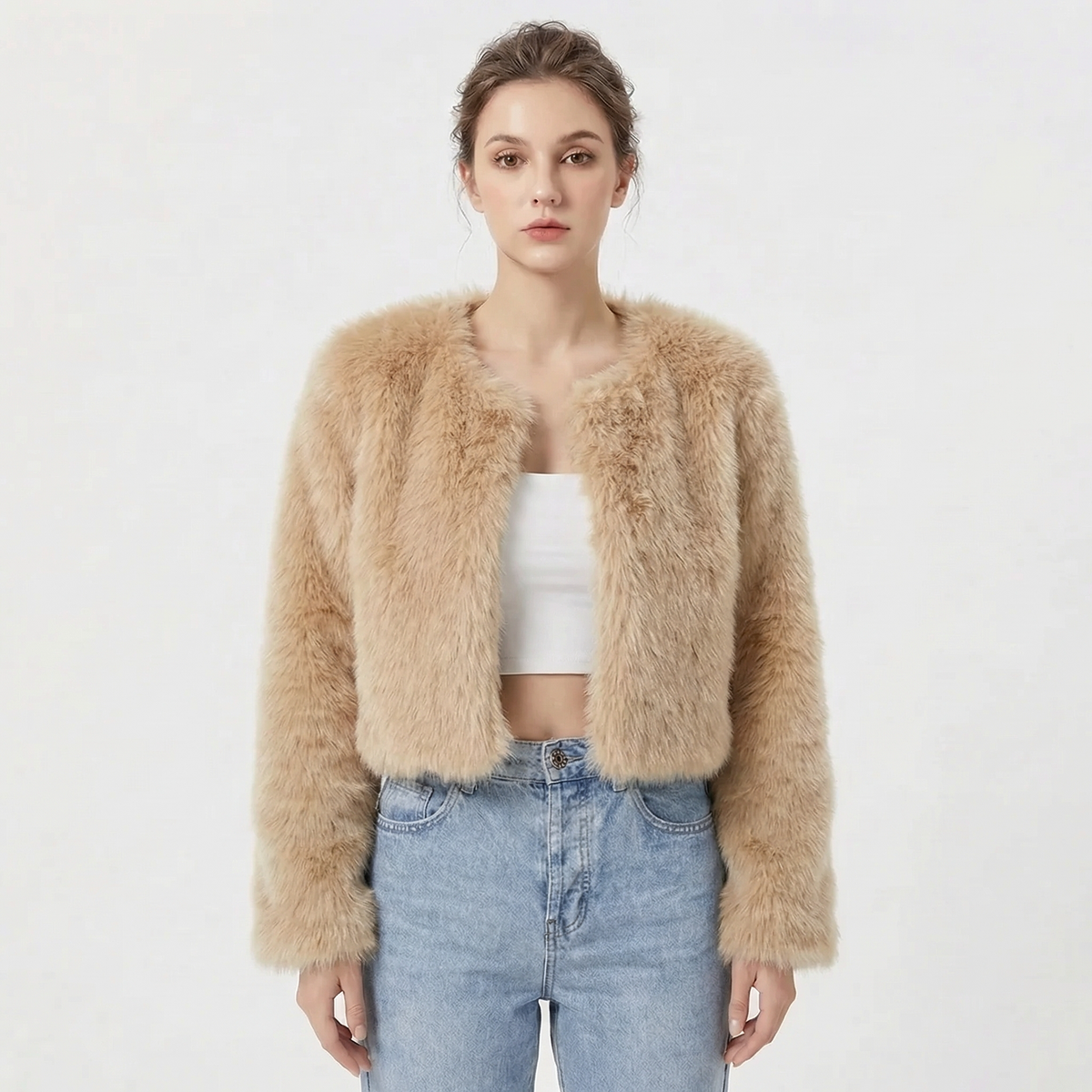 Women's Faux Fur Cropped Open-Front Jacket