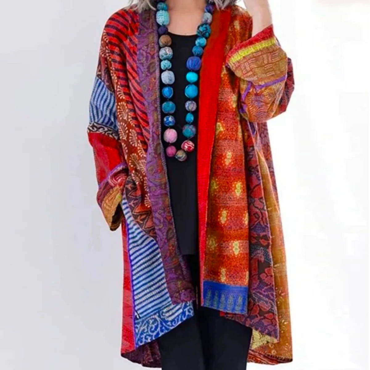 Women's Boho Patchwork Open-Front Duster Cardigan