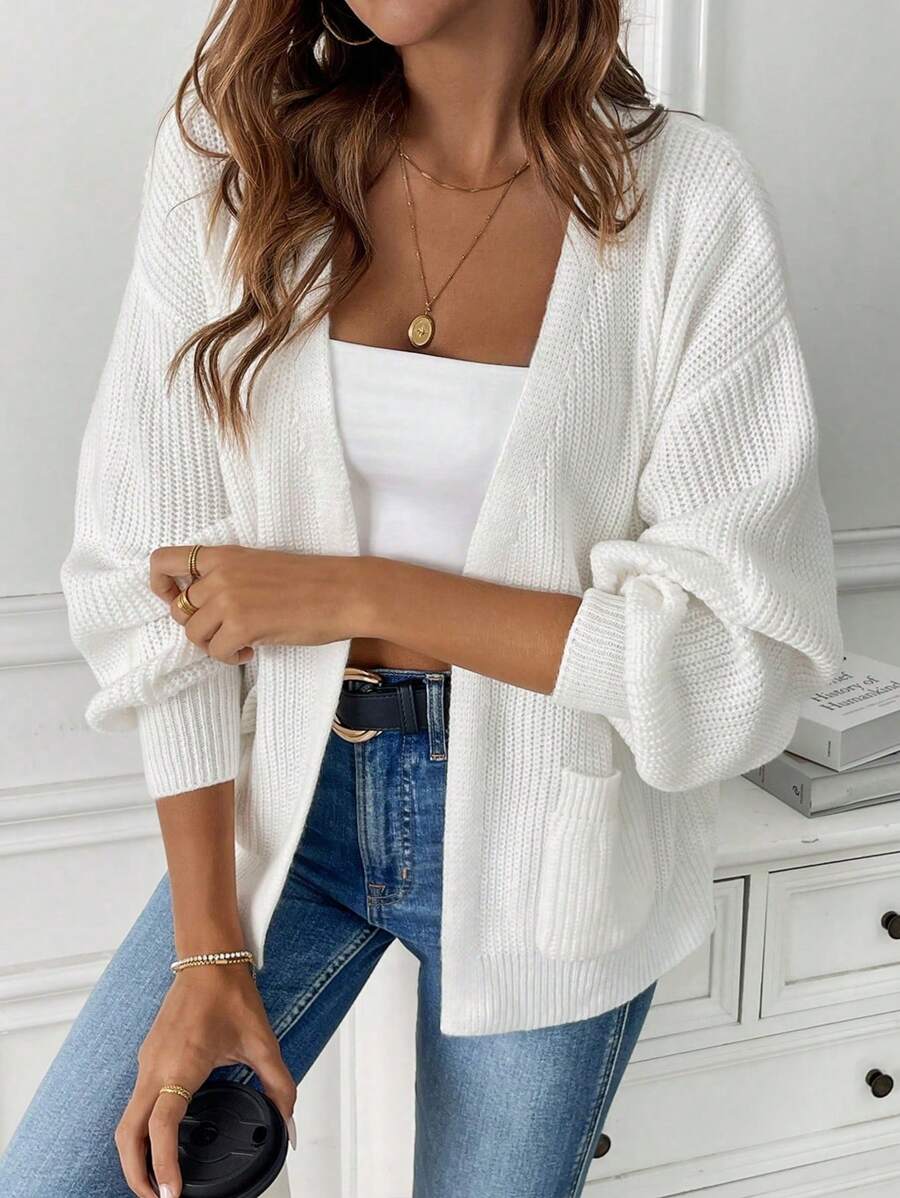 Women's Balloon Sleeve Ribbed Knit Open-Front Cardigan