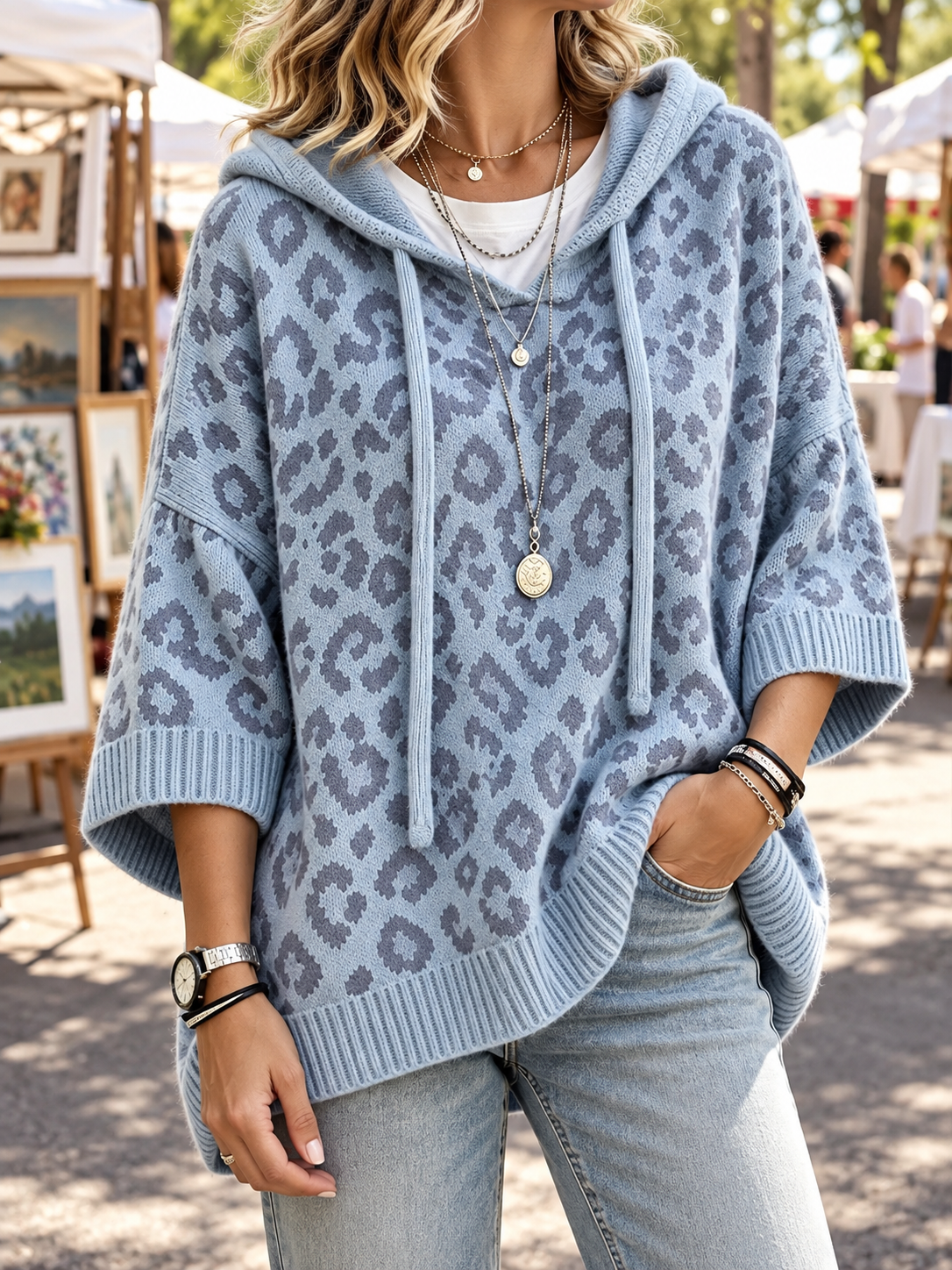Women's Oversized Leopard Print Knit Hoodie