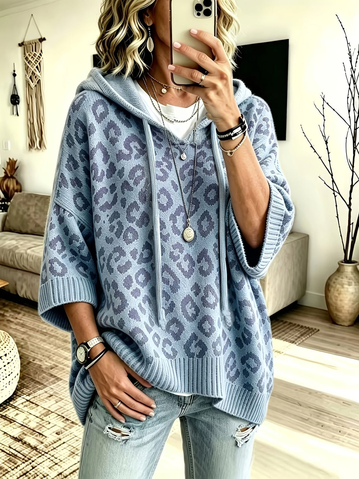 Women's Oversized Leopard Print Knit Hoodie