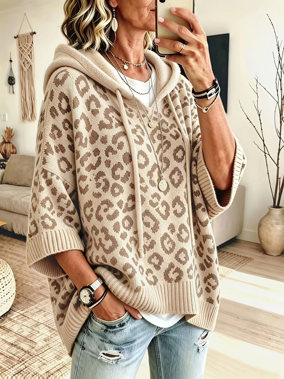 Women's Oversized Leopard Print Knit Hoodie