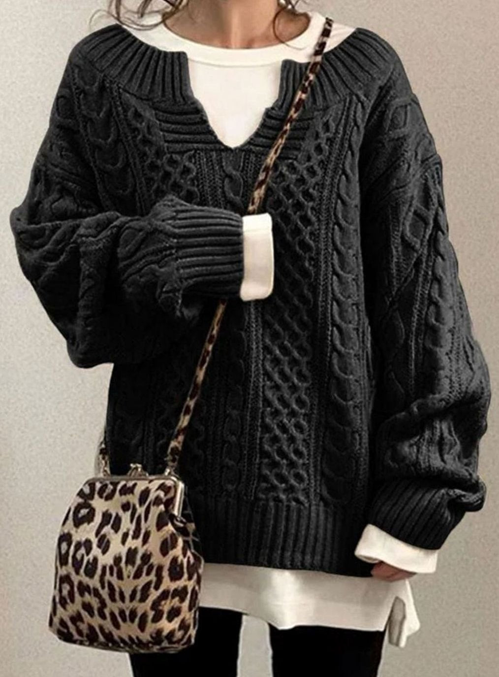 Women's Oversized Cable Knit V-Neck Jumper