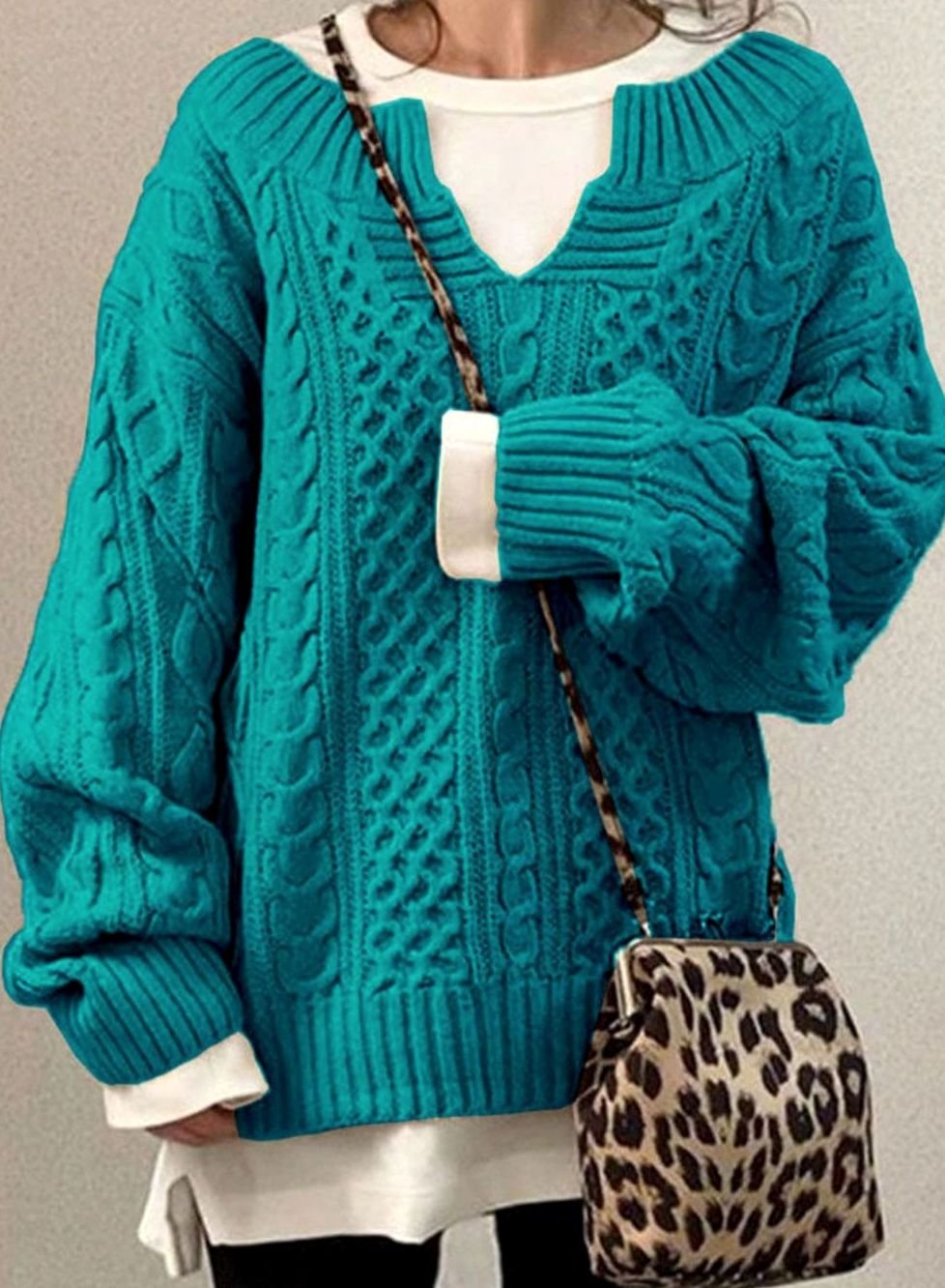 Women's Oversized Cable Knit V-Neck Jumper