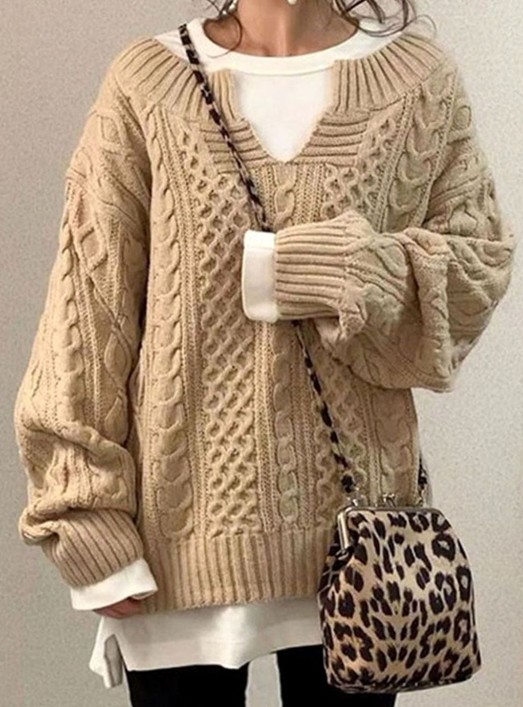 Women's Oversized Cable Knit V-Neck Jumper