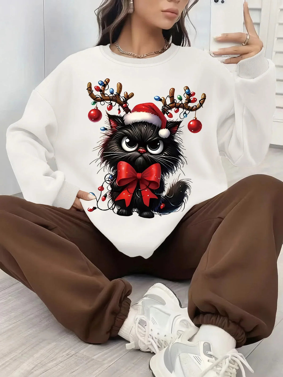 Women's Christmas Jumper Cat Reindeer Antlers Oversized