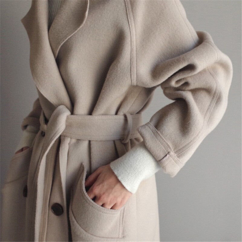 Women's Oversized Double-Breasted Belted Wool-Look Long Coat