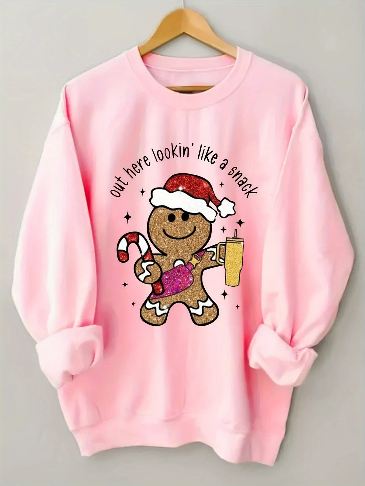 Women's Christmas Jumper Gingerbread Print Oversized in Pink
