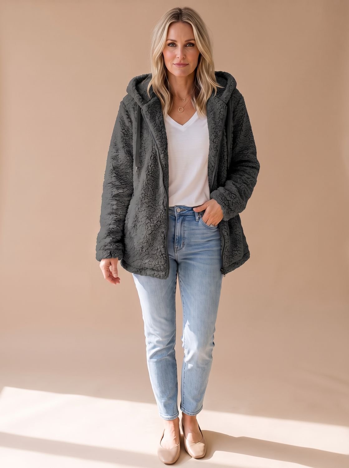 Women's Oversized Hooded Fleece Zip-Up Coat