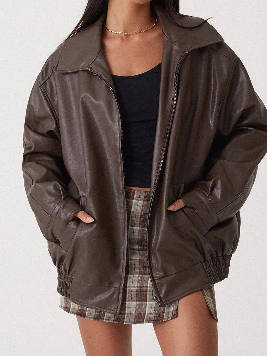 Women's Oversized Faux Leather Jacket with Collar