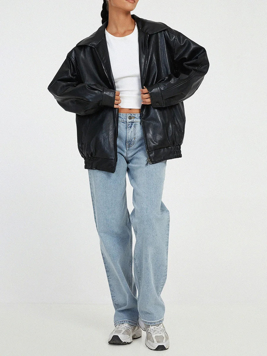 Women's Oversized Faux Leather Jacket with Collar