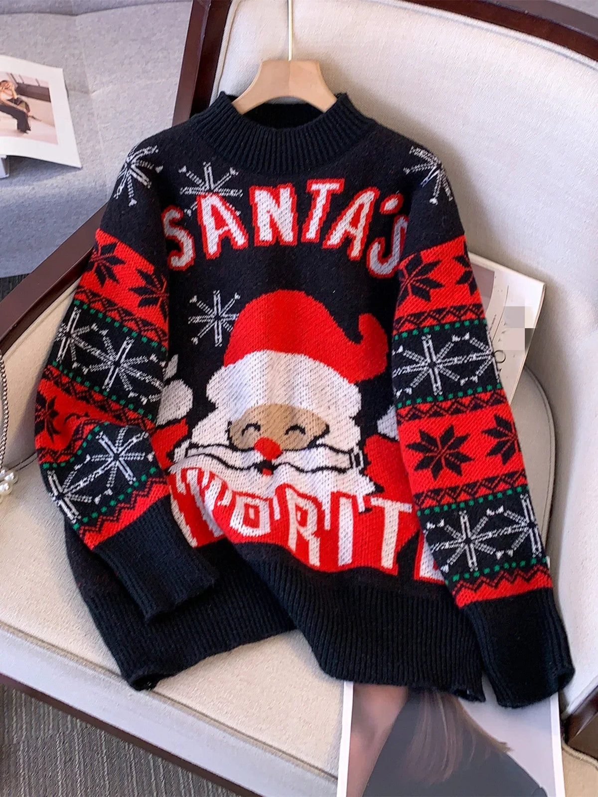 Women's Christmas Jumper Santa Snowflake Oversized in Black