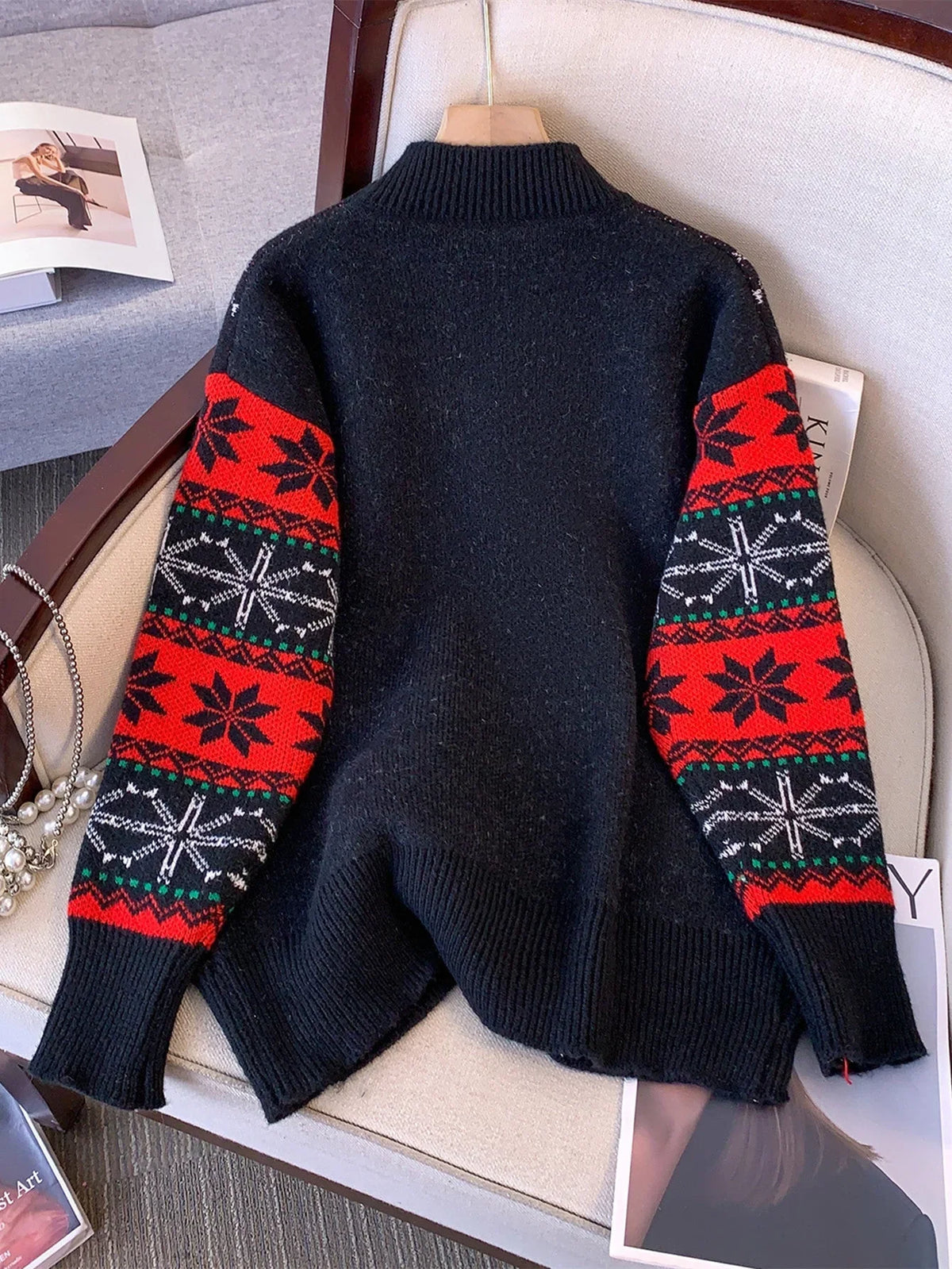 Women's Christmas Jumper Santa Snowflake Oversized in Black