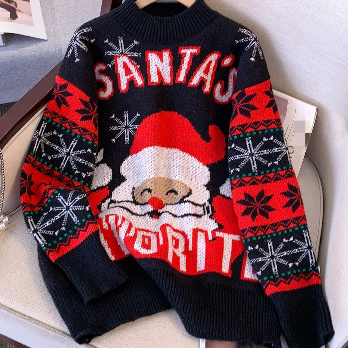 Women's Christmas Jumper Santa Snowflake Oversized in Black
