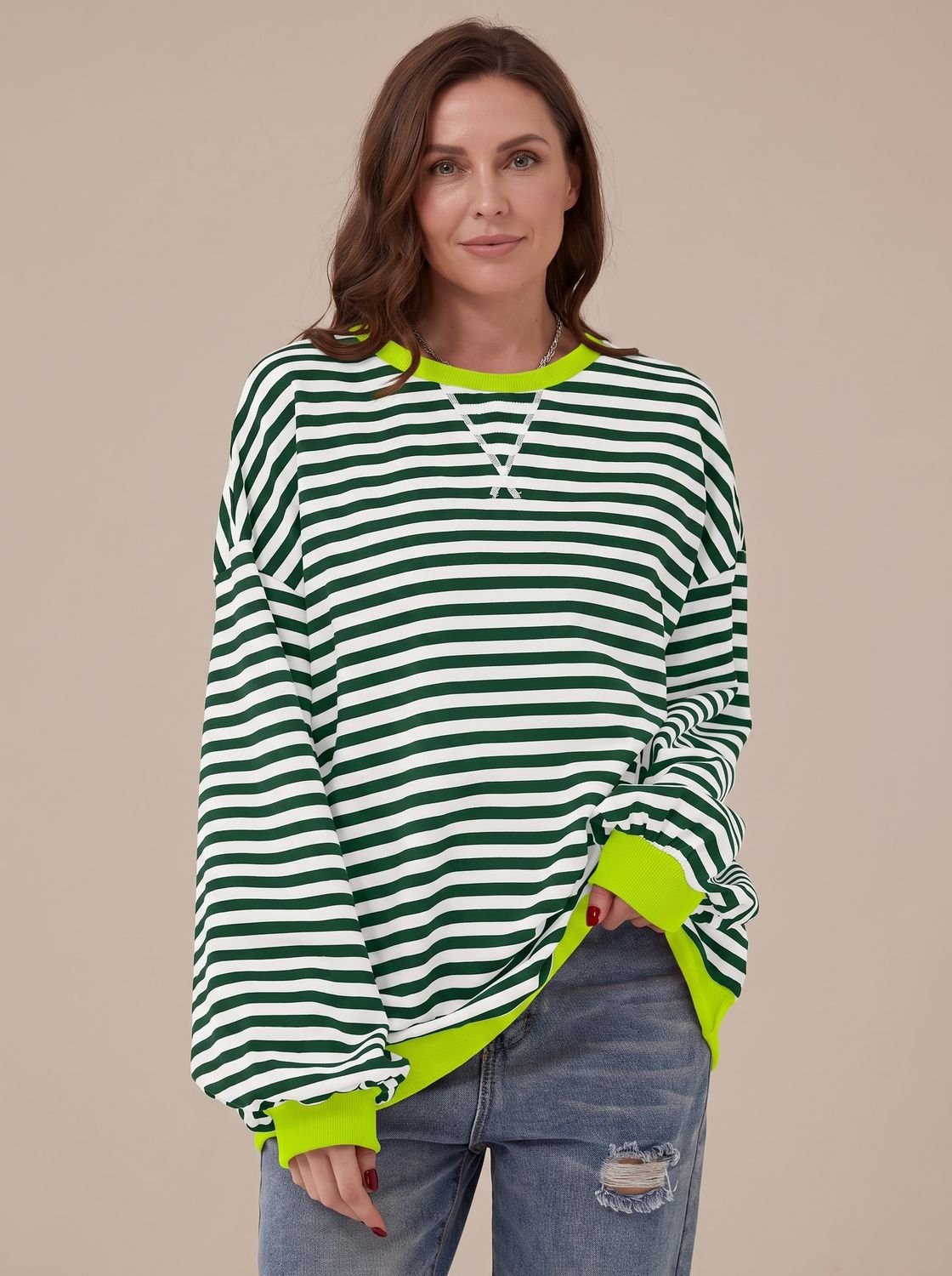 Women's Oversized Striped Sweatshirt with Contrast Trim