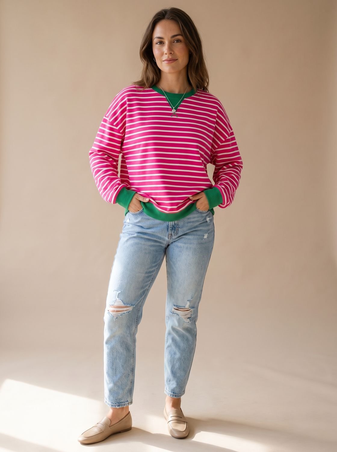 Women's Oversized Striped Sweatshirt with Contrast Trim