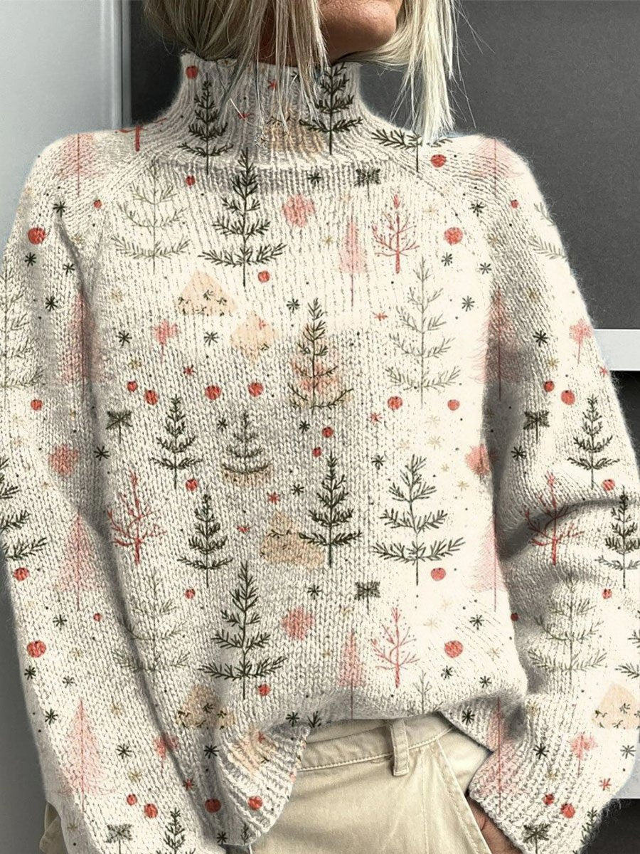 Women's Christmas Jumper Tree Print Roll Neck