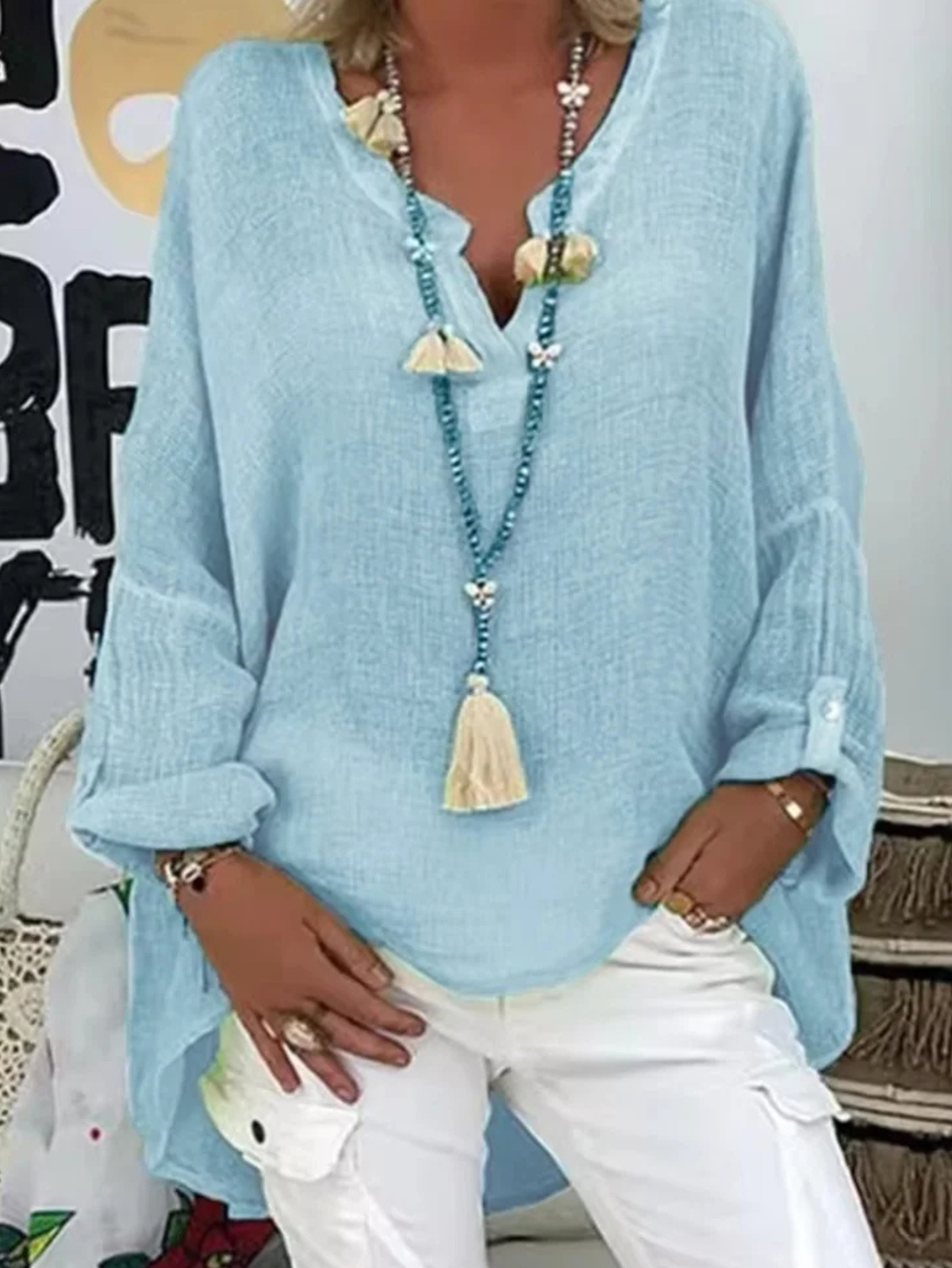 Women's Oversized V-Neck Roll-Tab Sleeve Blouse