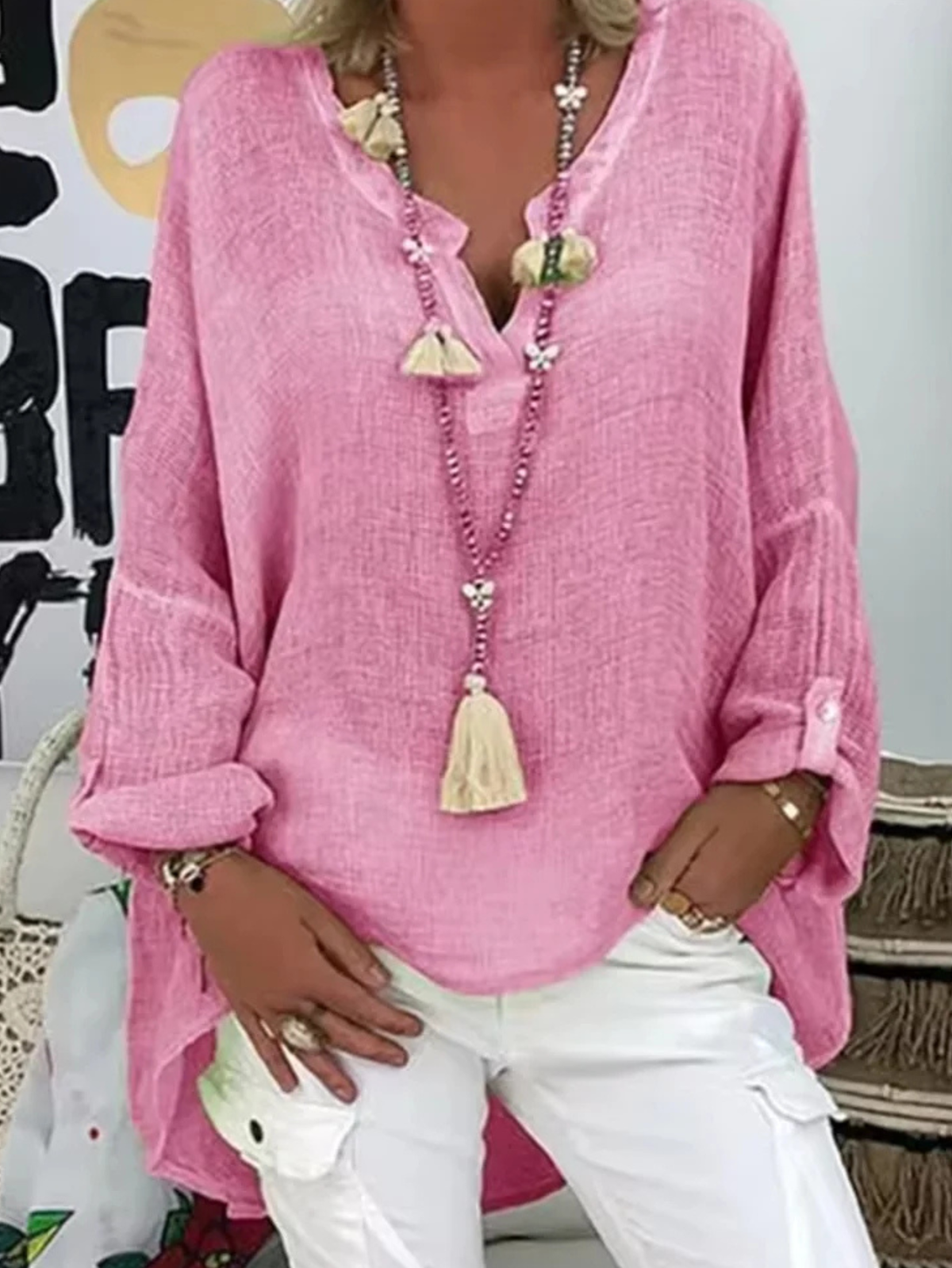 Women's Oversized V-Neck Roll-Tab Sleeve Blouse