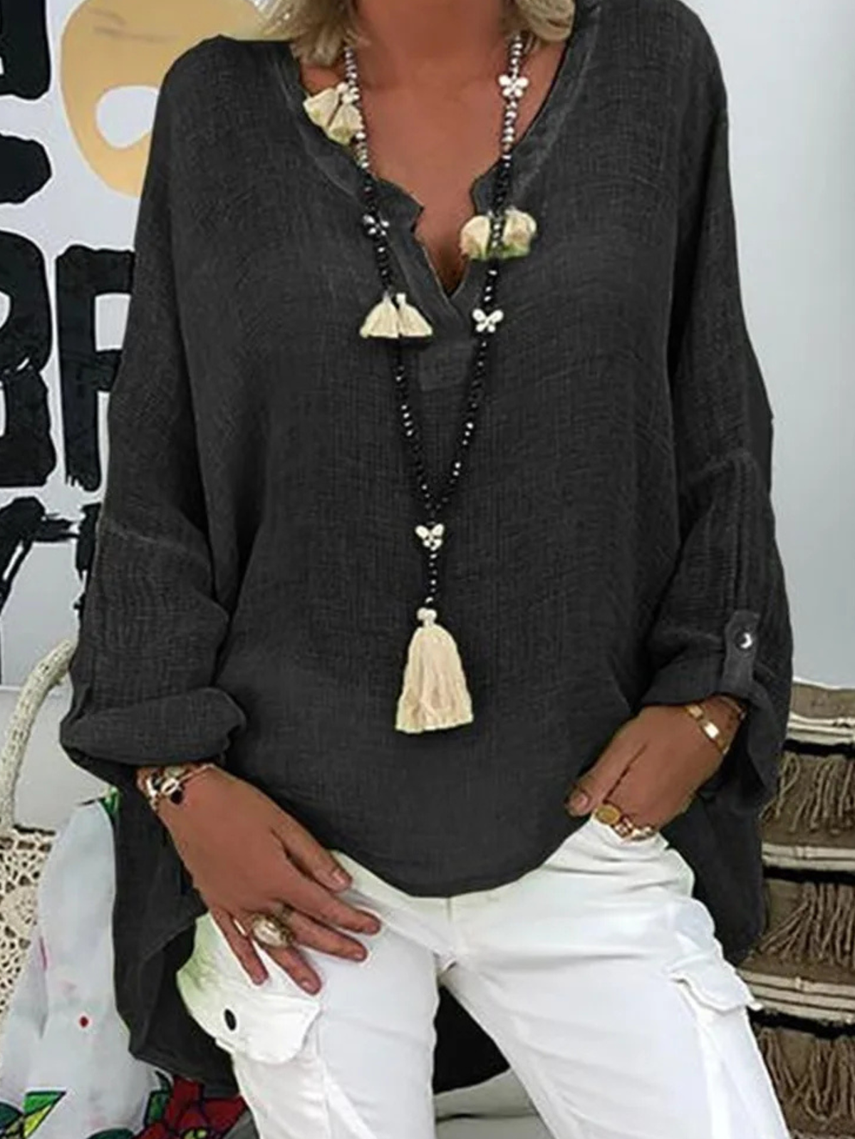 Women's Oversized V-Neck Roll-Tab Sleeve Blouse