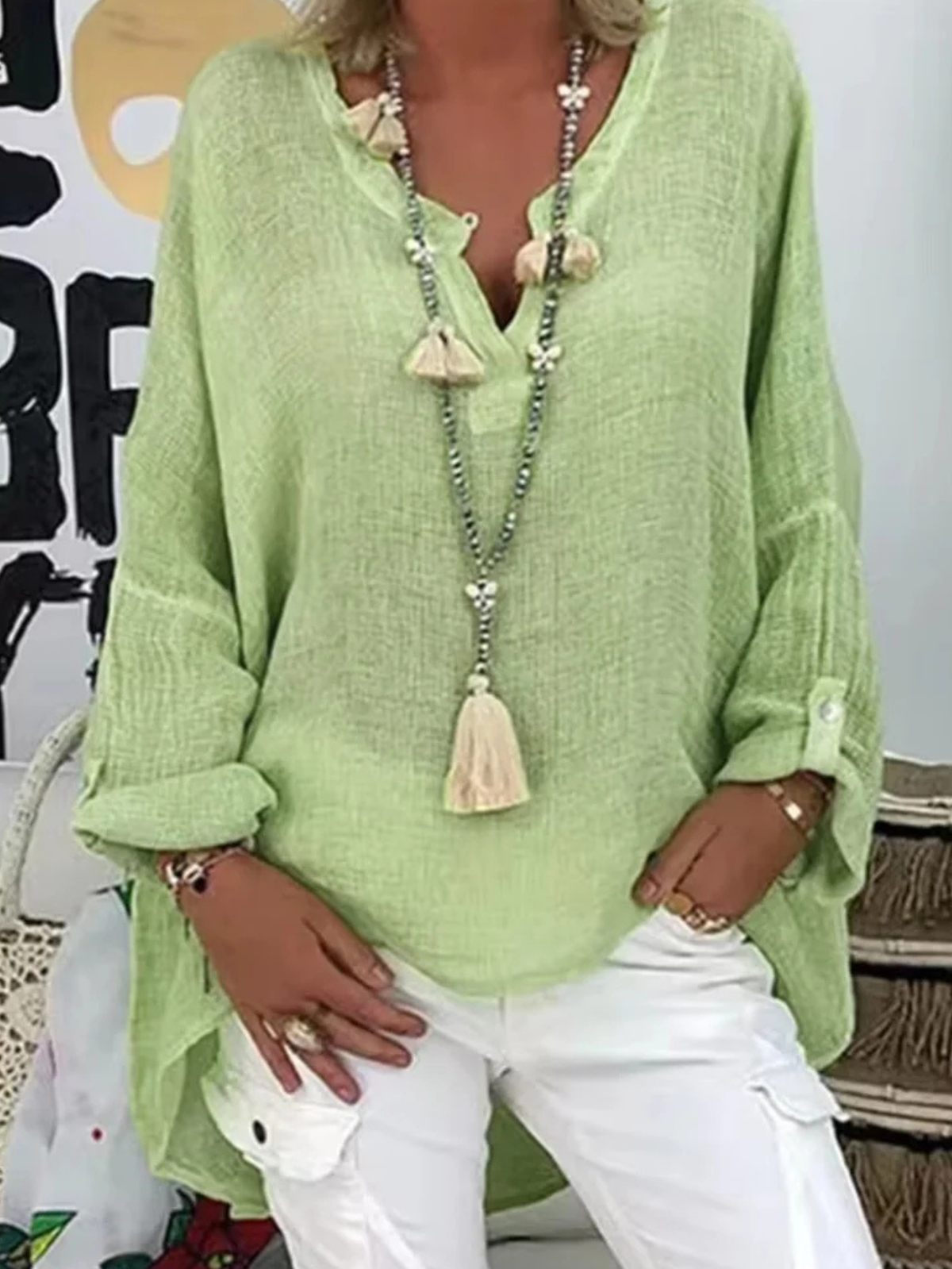 Women's Oversized V-Neck Roll-Tab Sleeve Blouse