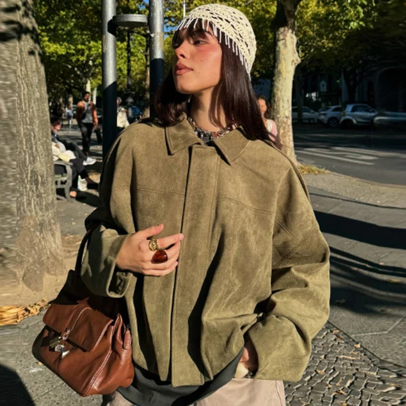 Women's Oversized Cropped Faux Suede Bomber Jacket