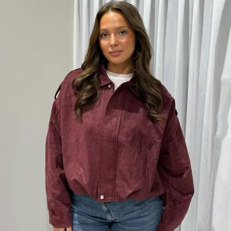 Women's Oversized Cropped Faux Suede Bomber Jacket