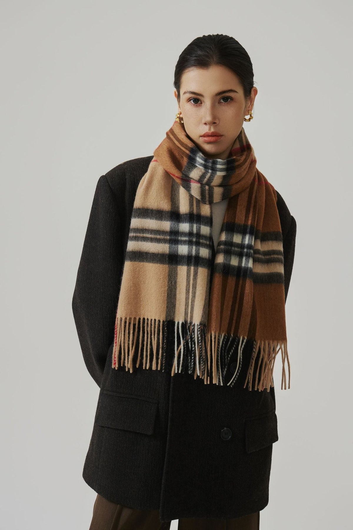 Women's Long Check Scarf with Fringe
