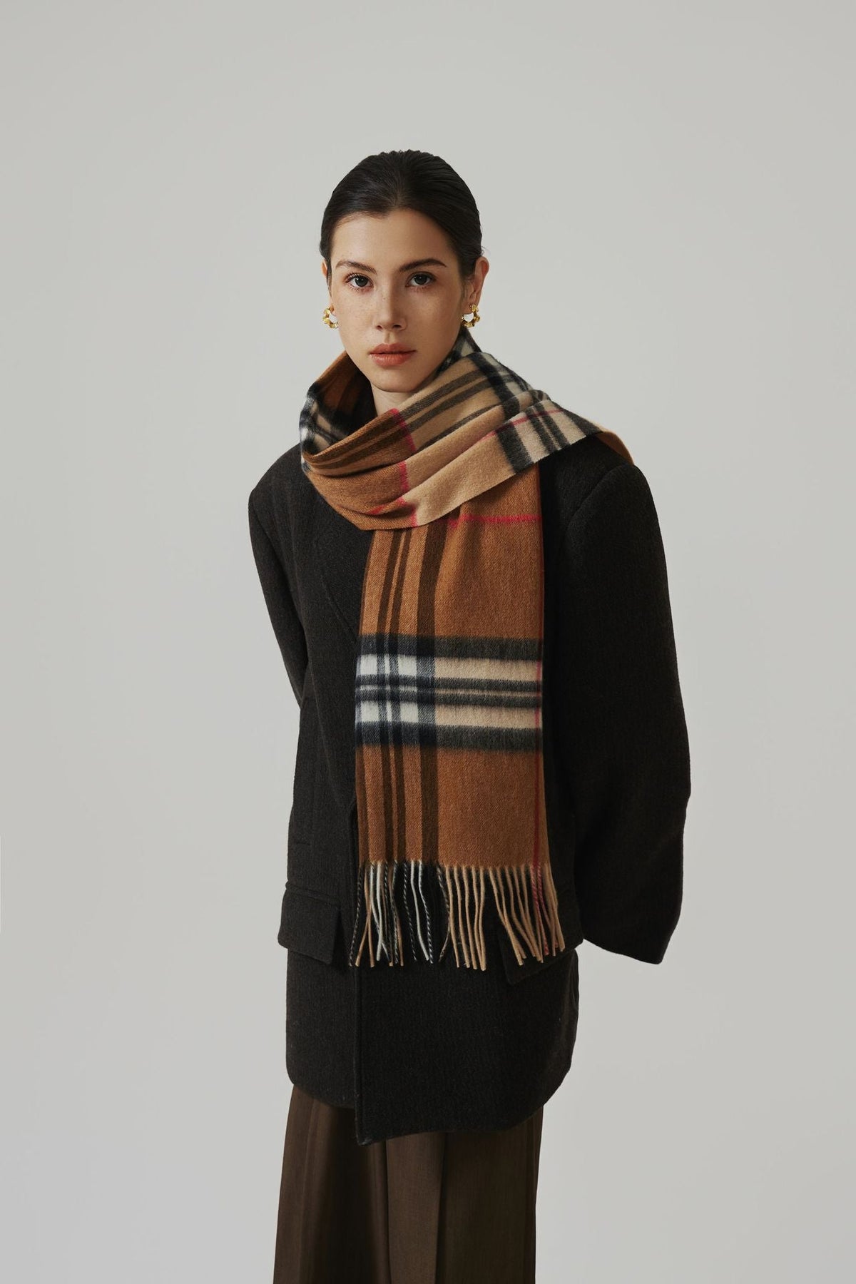 Women's Long Check Scarf with Fringe