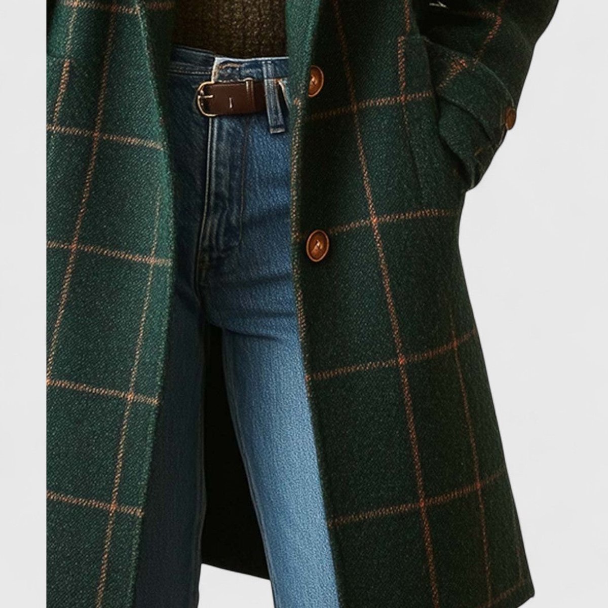 Women's Plaid Wool-Look Longline Coat in Dark Green
