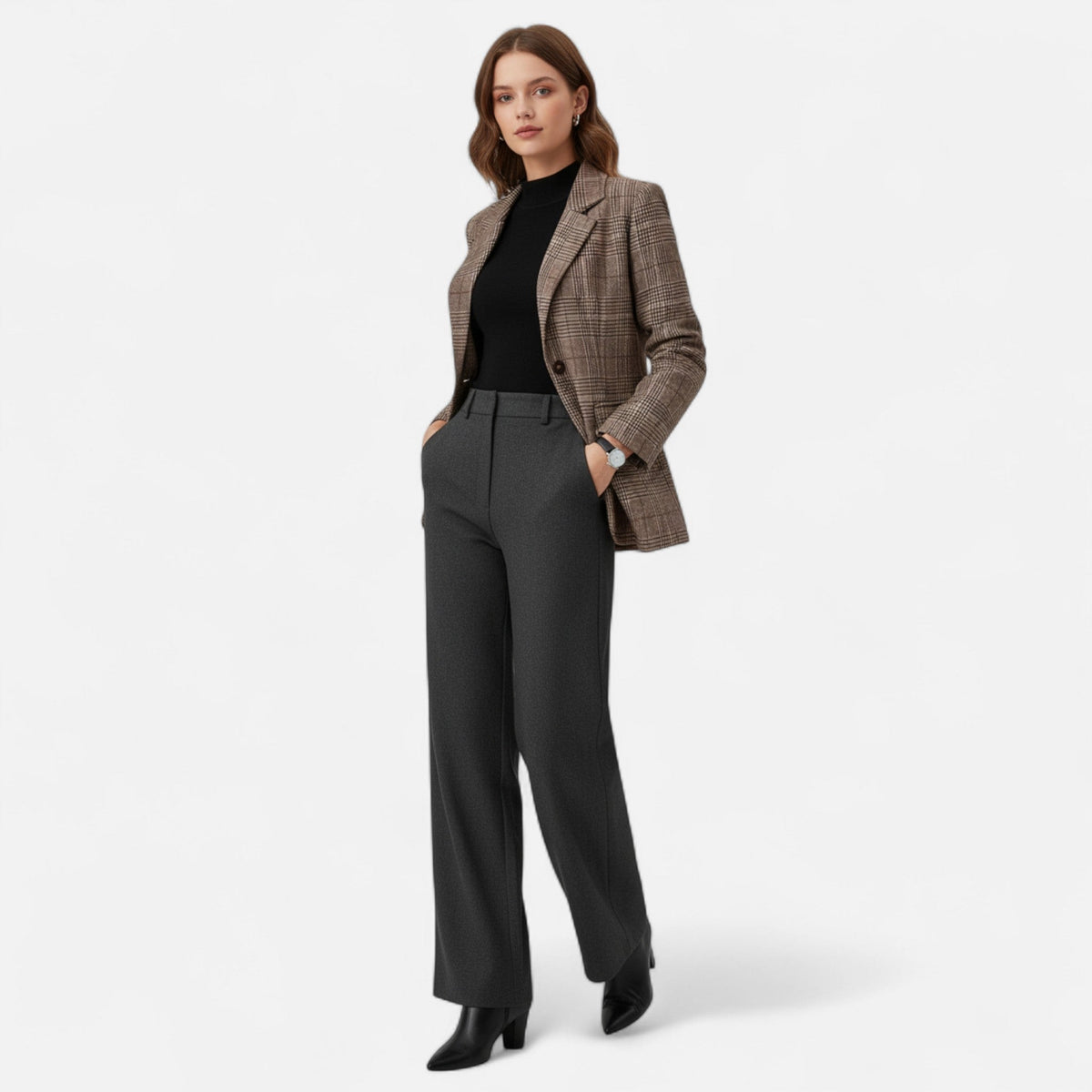 Women's Check Tweed-Look Notch Lapel Blazer in Brown