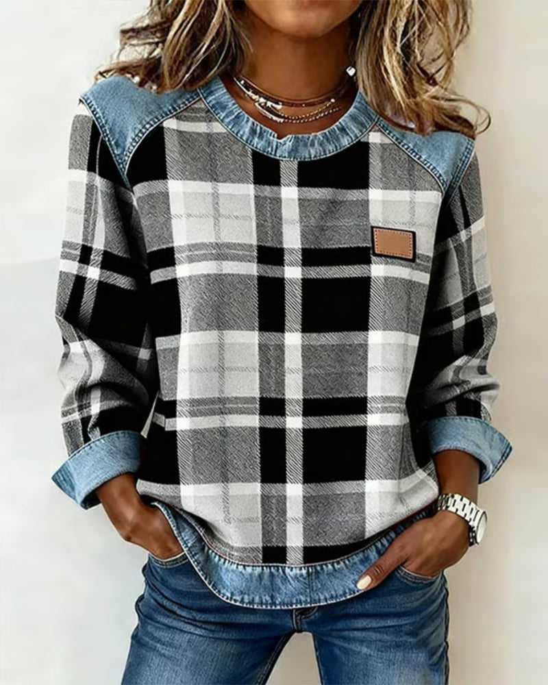 Women's Plaid Patchwork Sweatshirt with Denim Trim