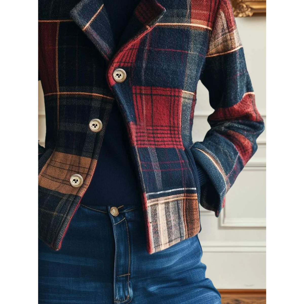 Women's Plaid Patchwork Wool-Look Single-Breasted Blazer Jacket