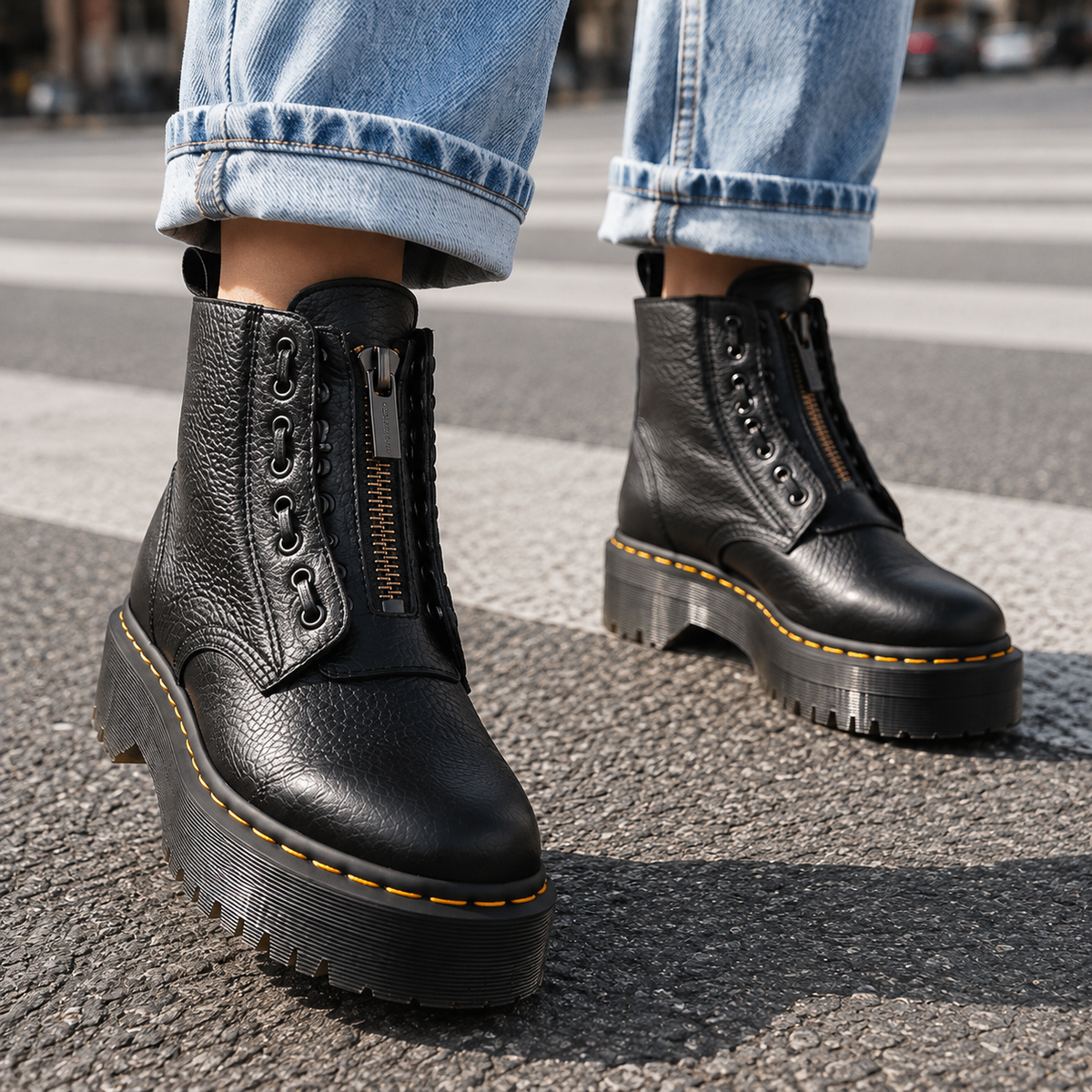 Women's Chunky Platform Front Zip Ankle Boots in Black